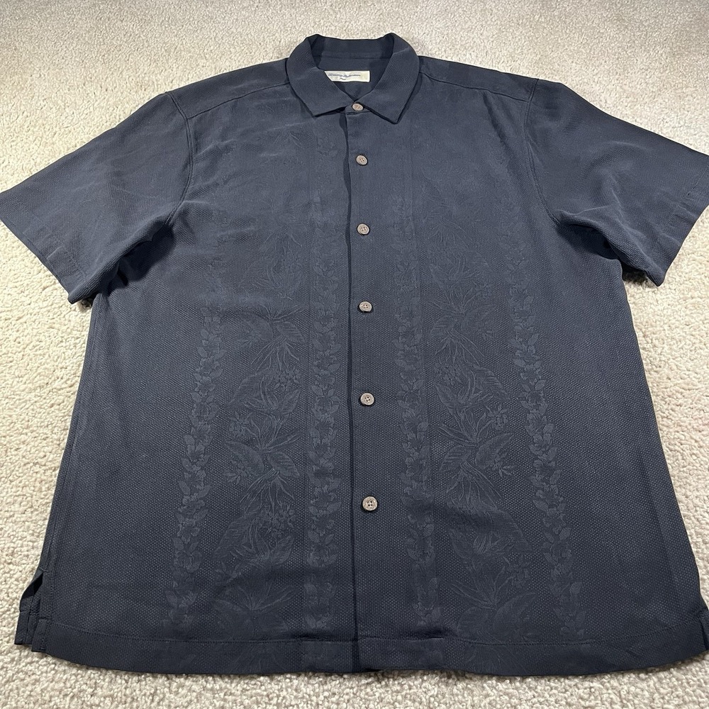 Tommy Bahama Shirt Mens XL Black Silk Short Sleeve Button‎ Up Hawaiian Textured
